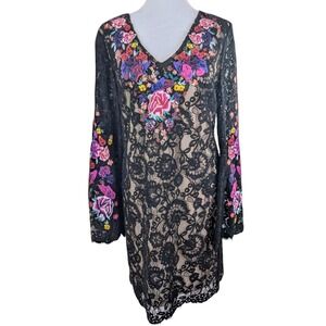 INC Lace Dress Size 4 Black Sheath  Butterfly Embroidered Bell Sleeve Whimsygoth
